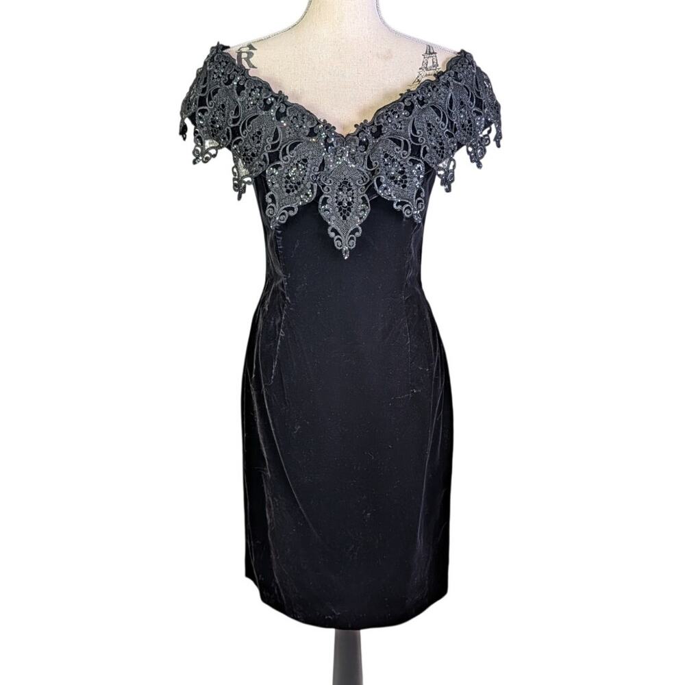 Vintage Scott McClintock Black Velvet Lace Sequin Formal Dress